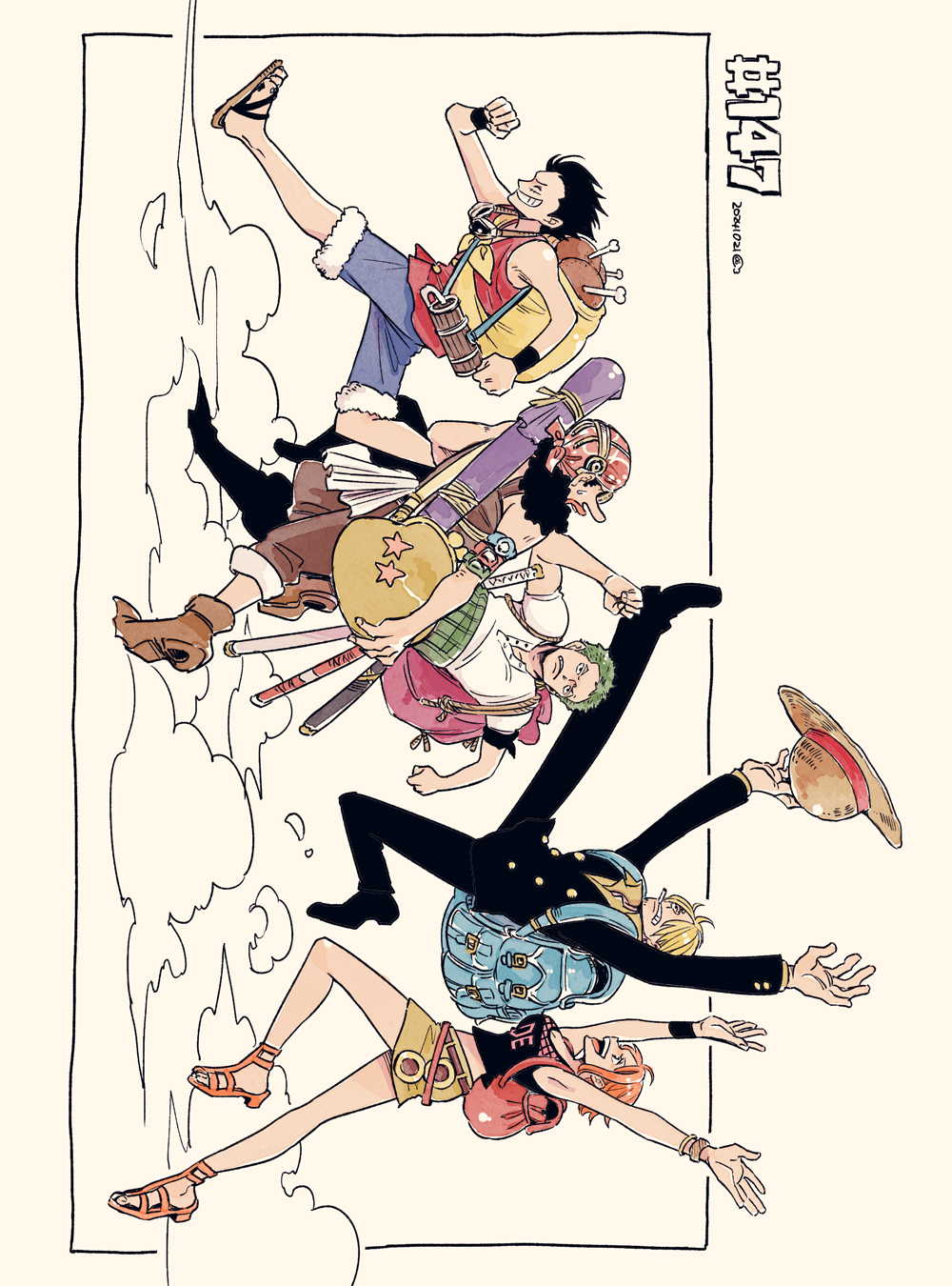 1girl, 4boys, ^_^, arms_up, bag, black_hair, black_overalls, black_suit