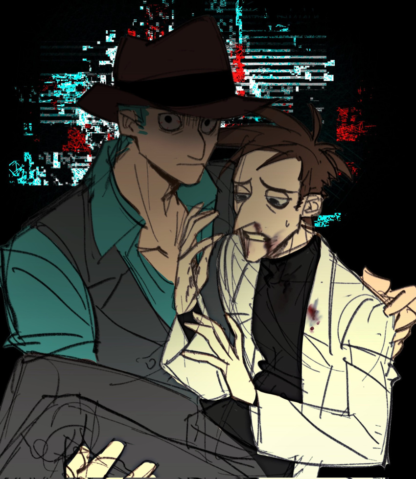 2boys, aqua_eyes, aqua_hair, blood, brown_hair, chi_zhenjiao, closed_mouth, commentary