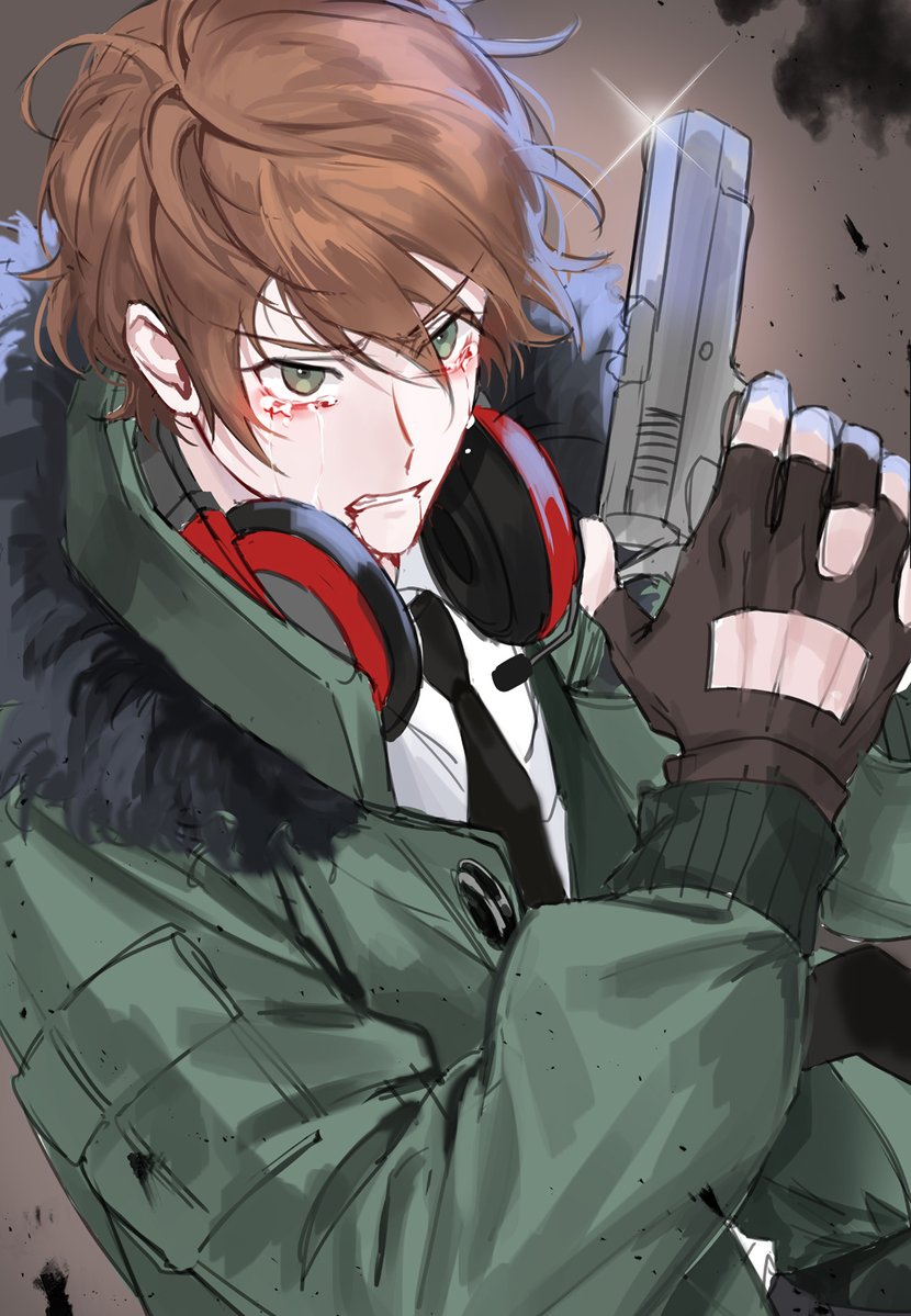 1boy, animification, bad_id, bad_twitter_id, black_gloves, black_necktie, blood, blood_from_mouth, brown_background, brown_hair, charles_calvin, clenched_teeth, commentary_request, crying, crying_with_eyes_open, fingerless_gloves, from_above, fur-trimmed_jacket, fur_trim, glove_cutout, gloves, green_jacket, gun, handgun, hands_up, headphones, headphones_around_neck, henry_stickmin_(series), holding, holding_gun, holding_weapon, inactive_account, interlocked_fingers, jacket, korean_commentary, long_sleeves, male_focus, necktie, open_clothes, open_jacket, own_hands_clasped, own_hands_together, puffy_long_sleeves, puffy_sleeves, red_headphones, shirt, short_hair, simple_background, solo, sparkle, tears, teeth, upper_body, v-shaped_eyebrows, weapon, white_shirt, yangstick