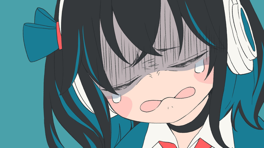 1girl, biting_own_lip, black_choker, black_hair, blue_background, blue_hair, blue_ribbon, blue_sweater