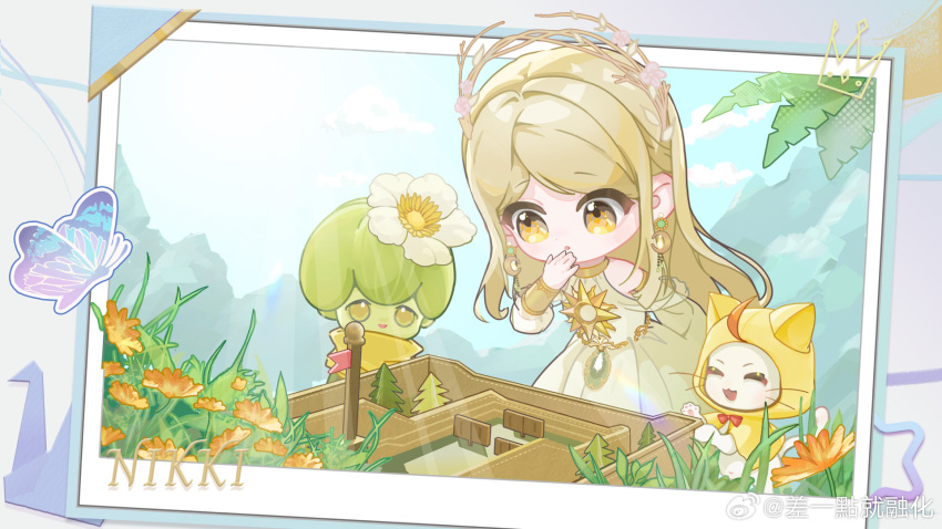 1girl, :o, ^_^, animal, bare_shoulders, blonde_hair, blue_sky, bow