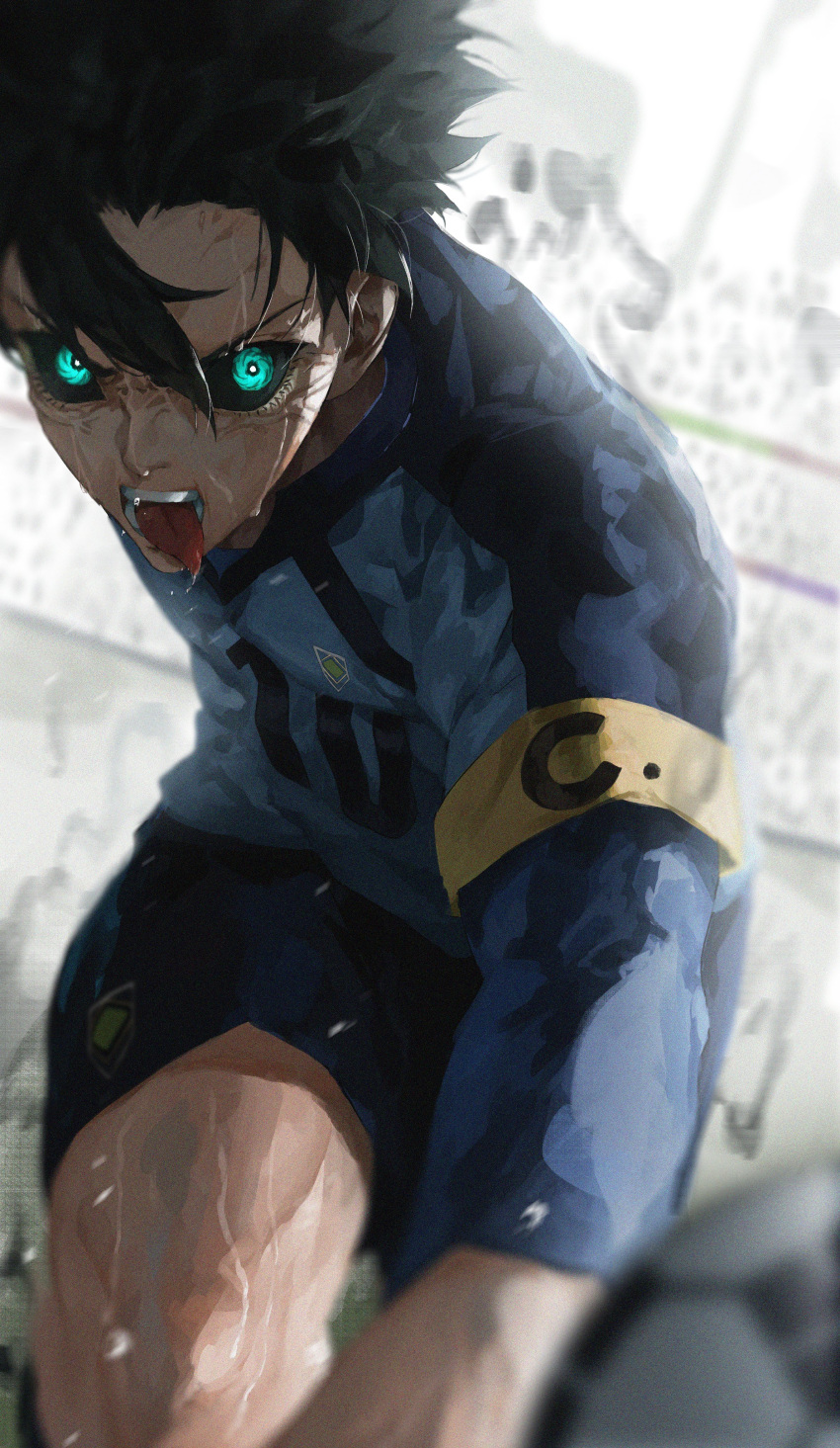 1boy, absurdres, aqua_eyes, armband, black_hair, black_sclera, blue_lock, blue_shirt