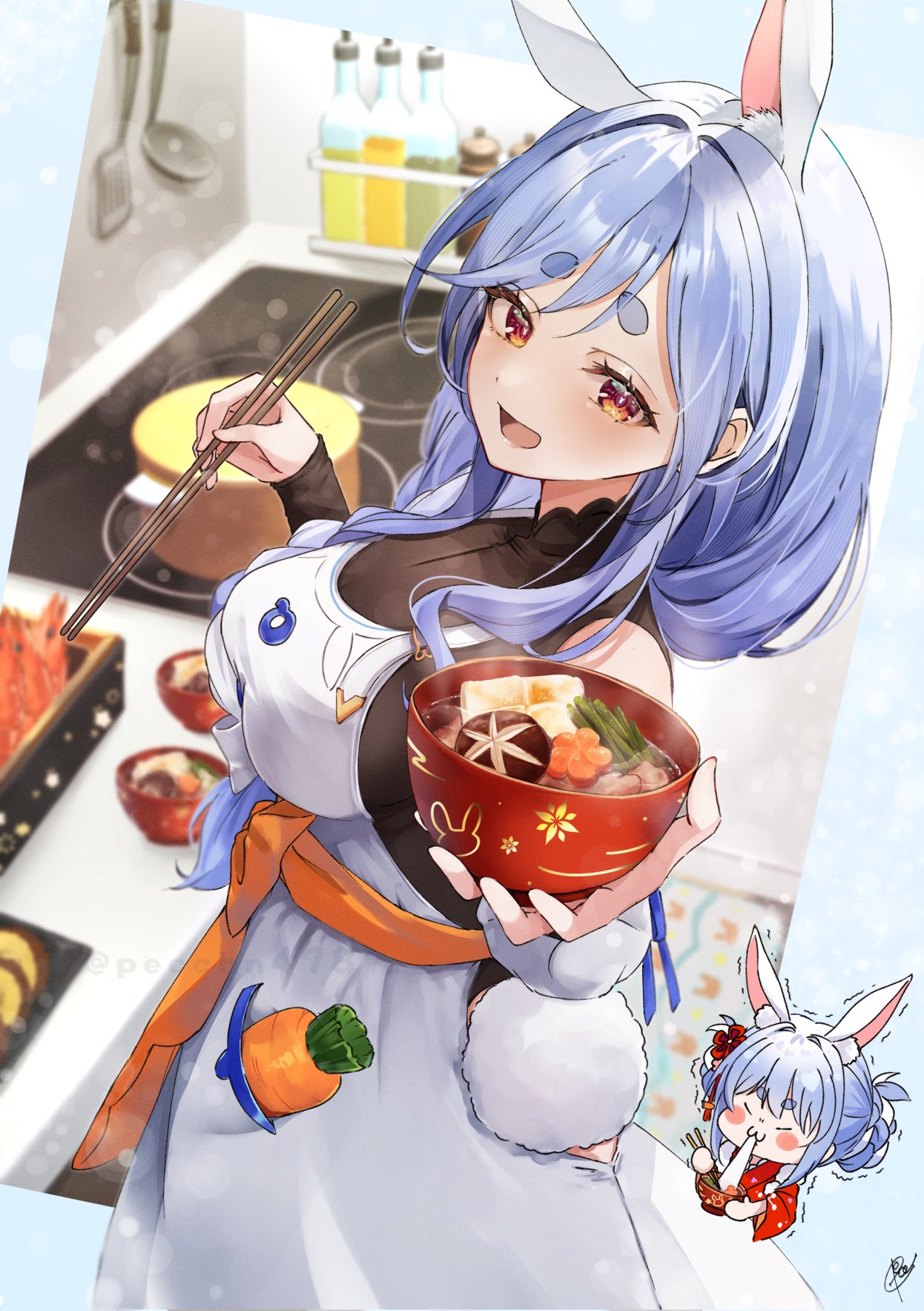 2girls, animal_ears, bare_shoulders, blue_hair, bowl, braid, breasts, commentary_request