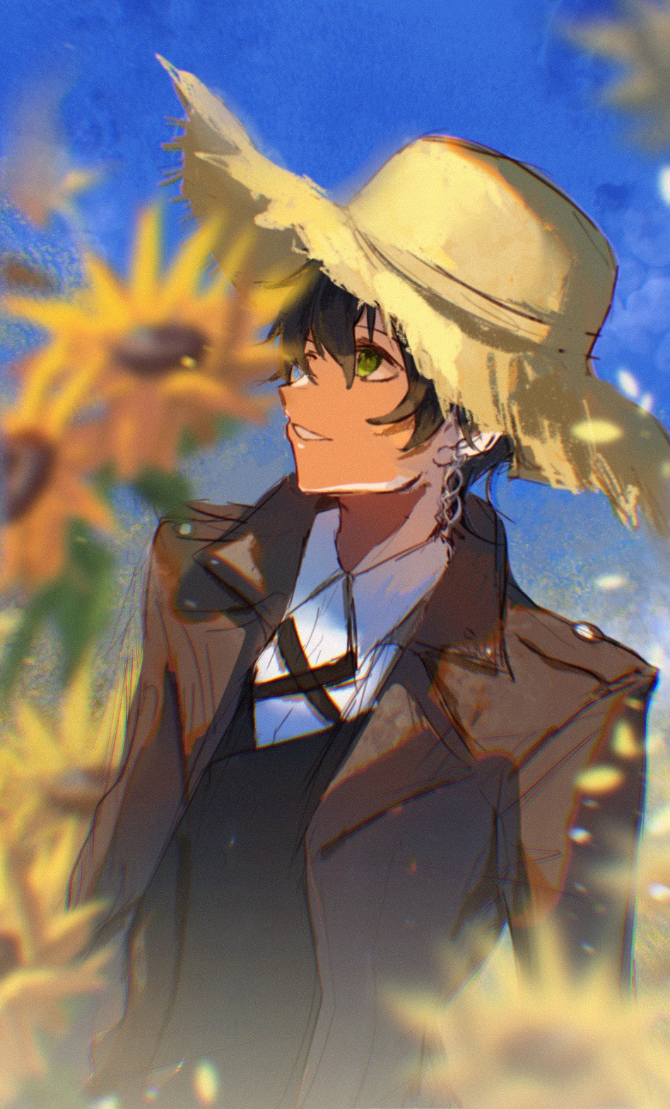 1boy, black_hair, black_vest, blue_sky, blurry, brown_jacket, chinese_commentary, circle_of_inevitability, collared_jacket, collared_shirt, commentary_request, criss-cross_straps, day, depth_of_field, earrings, flower, green_eyes, hair_between_eyes, haohaoxuexi209, happy, hat, highres, jacket, jewelry, lapels, leather, leather_jacket, light_particles, long_sleeves, looking_ahead, lord_of_the_mysteries, lumian_lee, male_focus, notched_lapels, open_clothes, open_jacket, open_mouth, outdoors, petals, shirt, short_hair, sky, smile, solo, straw_hat, sun_hat, sunflower, teeth, upper_body, upturned_eyes, vest, white_shirt, wide_brim, yellow_flower, yellow_hat