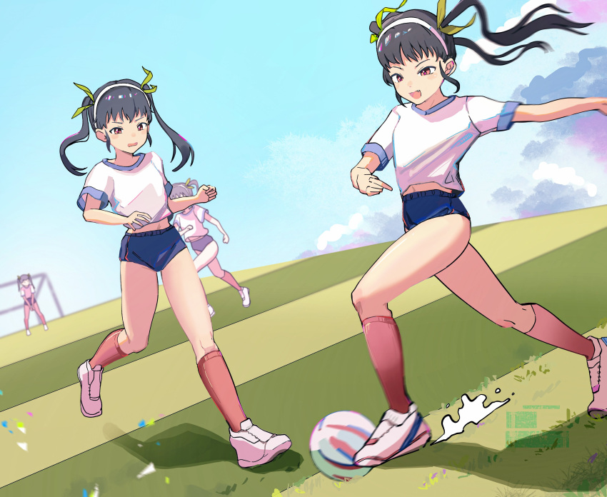 4girls, absurdres, baisebandaoti1, bakemonogatari, ball, bare_legs, blue_buruma, buruma, diadem, goal, goalkeeper, gym_uniform, hachikuji_mayoi, hair_ornament, highres, kabukimonogatari, legs, long_hair, midriff, monogatari_(series), multiple_girls, navel, owarimonogatari, pale_skin, shirt, sky, soccer_field, soccer_uniform, socks, sportswear, tennis, twintails, white_shirt