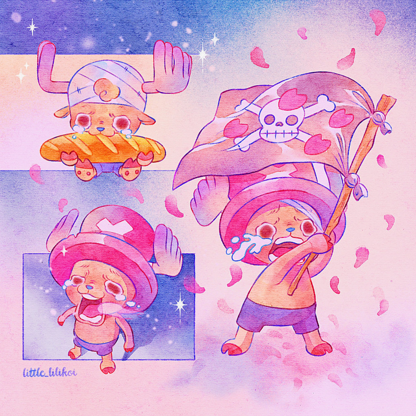 1boy, antlers, artist_name, bandaged_head, bandages, bread, chopper_crying_(meme), commentary