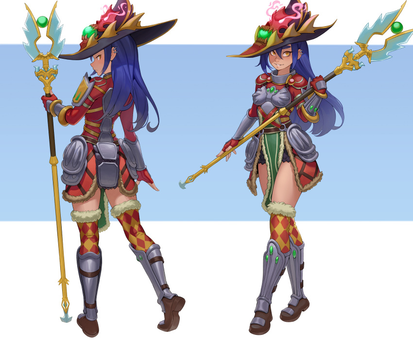 1girl, absurdres, argyle_clothes, argyle_thighhighs, armadyl_battlestaff, armor, armored_boots, blue_hair