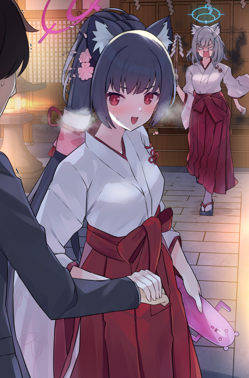 absurdres, angry, animal_ears, blue_archive, blush, cat_ears, gohei, grey_hair