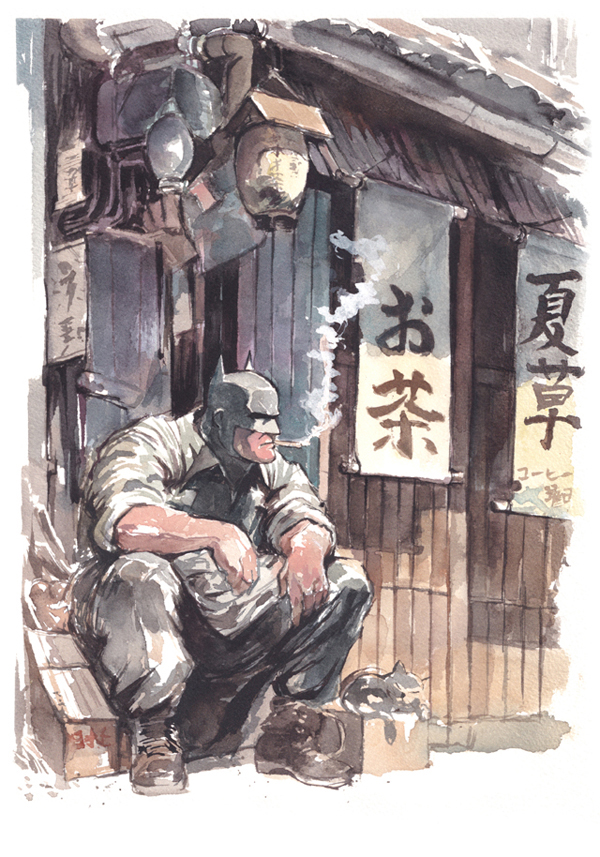 1boy, architecture, batman, batman_(series), boots, box, cat, cigar