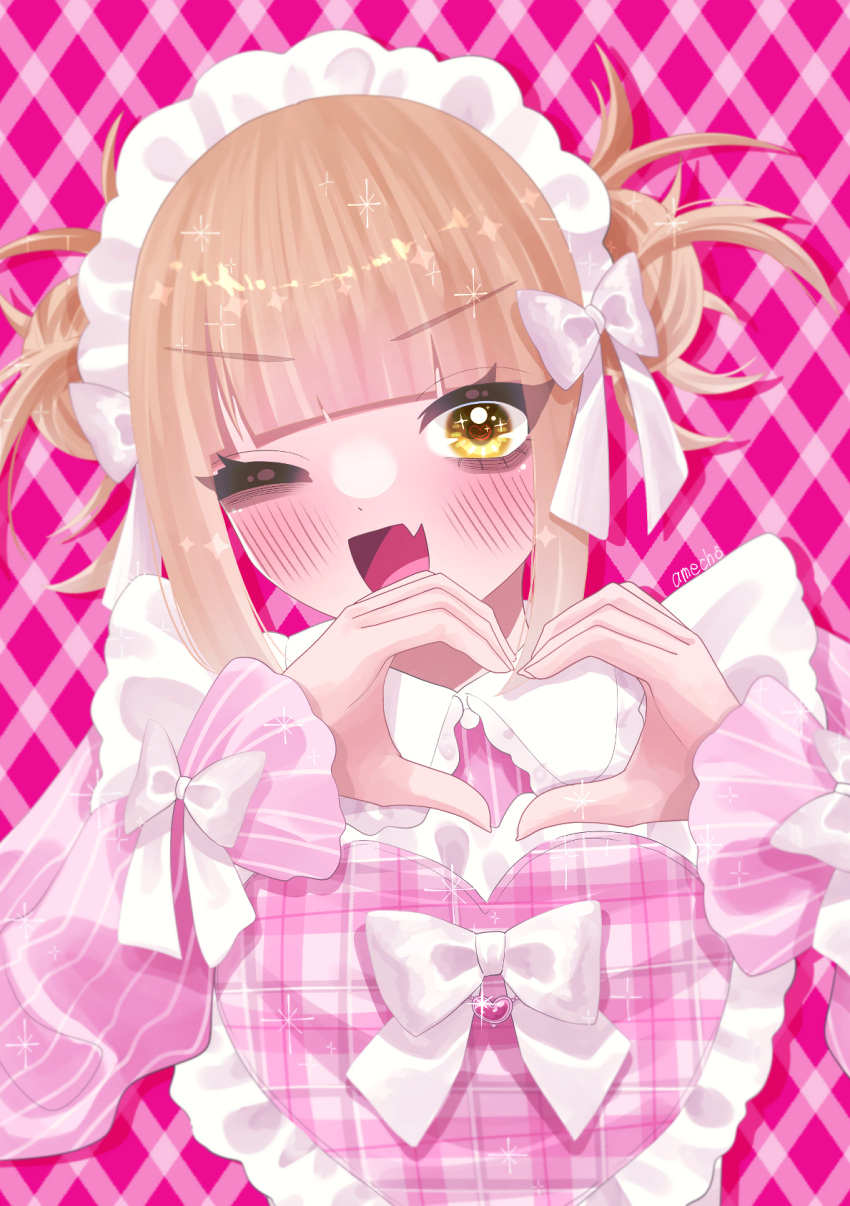 1girl, amecho_wa, blonde_hair, blunt_bangs, boku_no_hero_academia, bow, double_bun, dress