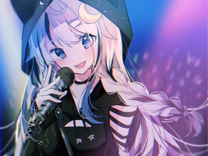 1girl, :d, animal_hood, arm_at_side, arm_cutout, black_choker, black_hair, black_hood