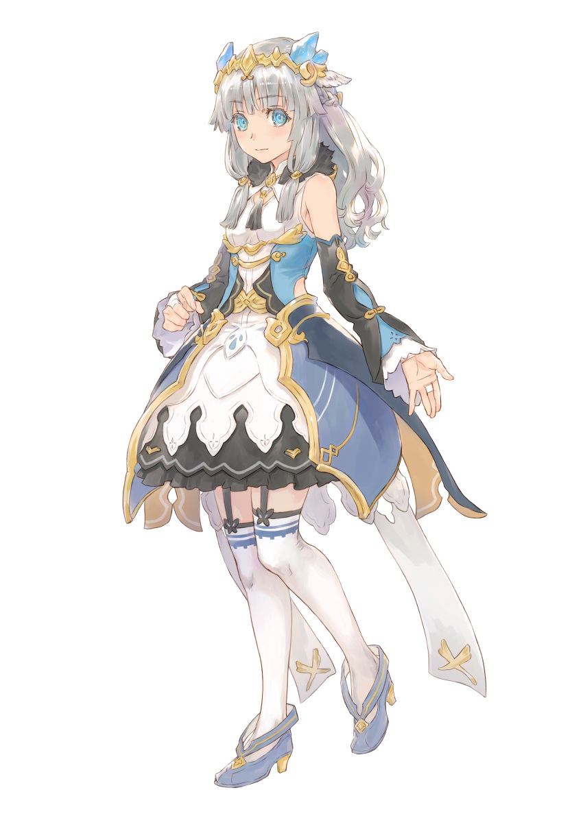 1girl, absurdres, bare_shoulders, beatrice_(rune_factory), black_garter_straps, black_sleeves, blue_eyes, blue_footwear, braid, breasts, bridal_gauntlets, closed_mouth, crystal, detached_sleeves, dress, frilled_dress, frills, full_body, fur_collar, garter_straps, grey_hair, highres, iwasaki_minako, light_blush, long_hair, looking_at_viewer, official_art, protected_link, rune_factory, rune_factory_5, second-party_source, shoes, simple_background, small_breasts, solo, thigh-highs, tiara, transparent_background, white_dress, white_thighhighs