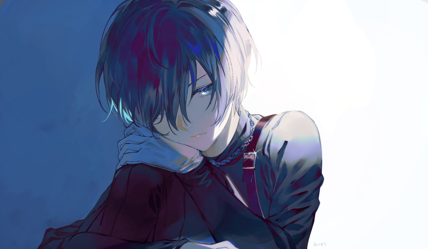1boy, alternate_costume, androgynous, bishounen, black_sweater, blue_eyes, blue_hair, chain, chain_necklace, glint, gloves, hair_over_one_eye, half-closed_eyes, hand_on_own_head, head_on_own_shoulder, head_rest, highres, jewelry, light_frown, long_sleeves, lor_(roasyerizyonirapi), male_focus, necklace, persona, persona_3, portrait, short_hair, solo, suspenders, sweater, turtleneck, turtleneck_sweater, white_gloves, yuuki_makoto_(persona_3)