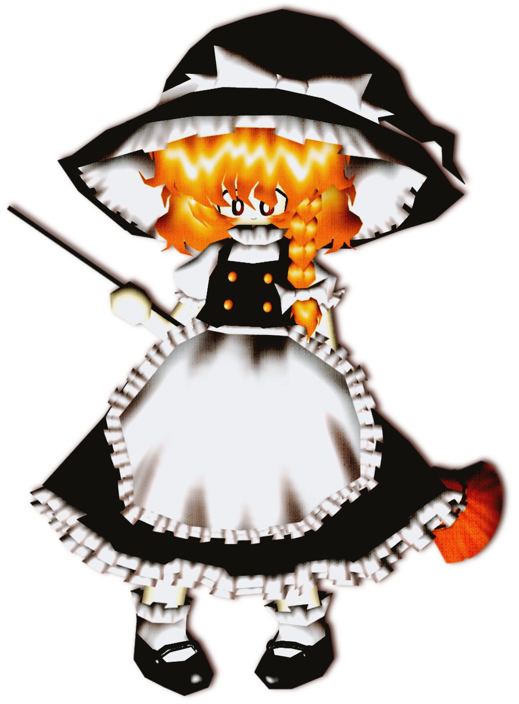 1girl, apron, bad_id, bad_twitter_id, black_footwear, black_hat, blonde_hair, braid, broom, full_body, hat, highres, holding, kirisame_marisa, lastworry111, short_sleeves, simple_background, single_braid, smile, solo, standing, touhou, white_background, witch_hat