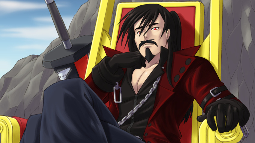 1boy, 1other, belt, belt_buckle, black_belt, black_gloves, black_hair, black_shirt