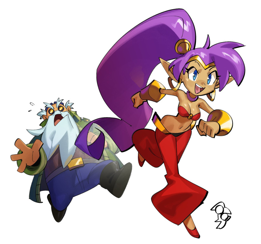 blue_eyes, bracelet, breasts, choker, dark-skinned_female, dark_skin, earrings, glasses, gold_bracelet, gold_earrings, highres, jewelry, old, old_man, open_mouth, pants, purple_hair, red_pants, running, shantae, shantae_(series), smile, thehelmet_guy, uncle_mimic, white_beard