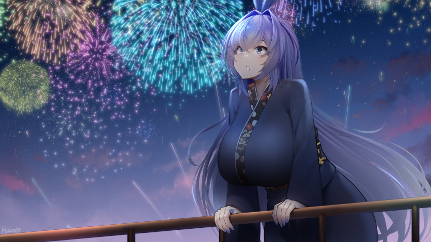 1girl, :o, absurdres, animal_ears, azur_lane, blue_eyes, blue_hair, blue_kimono