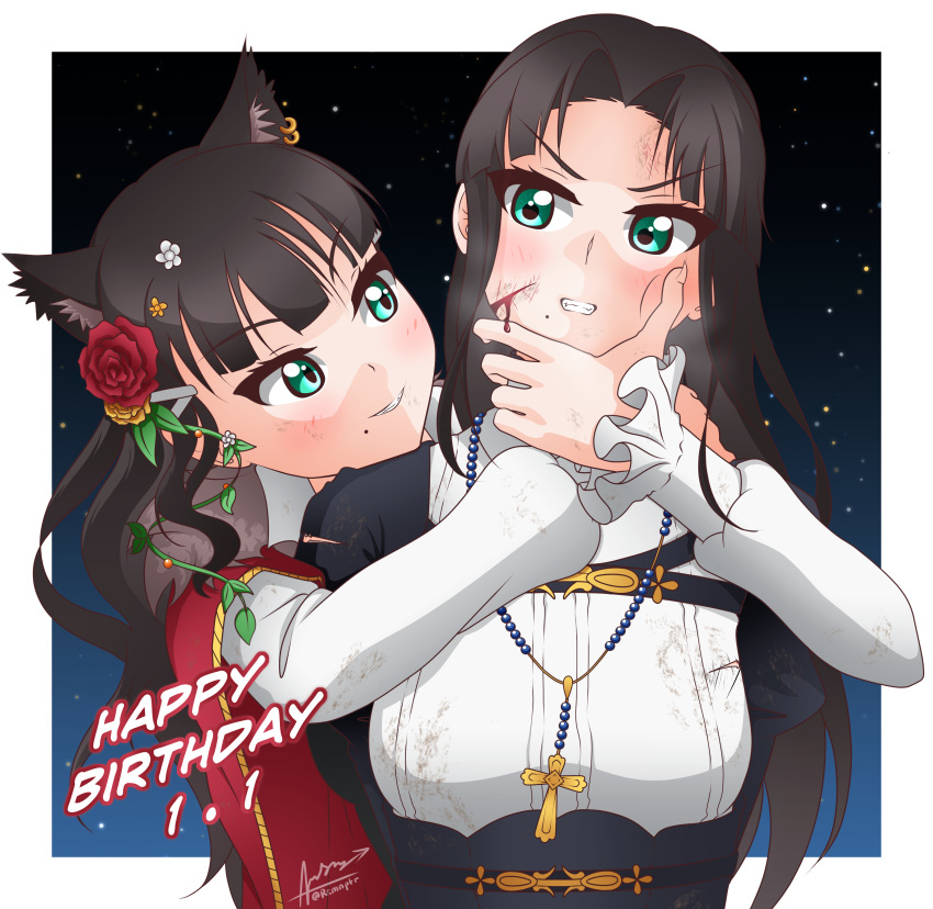 2girls, absurdres, animal_ears, birthday, black_hair, blood, border, dated, fangs, flawros, green_eyes, grin, hand_on_another's_face, happy_birthday, highres, injury, kurosawa_dia, long_hair, love_live!, love_live!_sunshine!!, mole, mole_under_mouth, multiple_girls, multiple_persona, night, night_sky, signature, sky, smile, star_(sky), starry_sky, twitter_username, upper_body, white_border