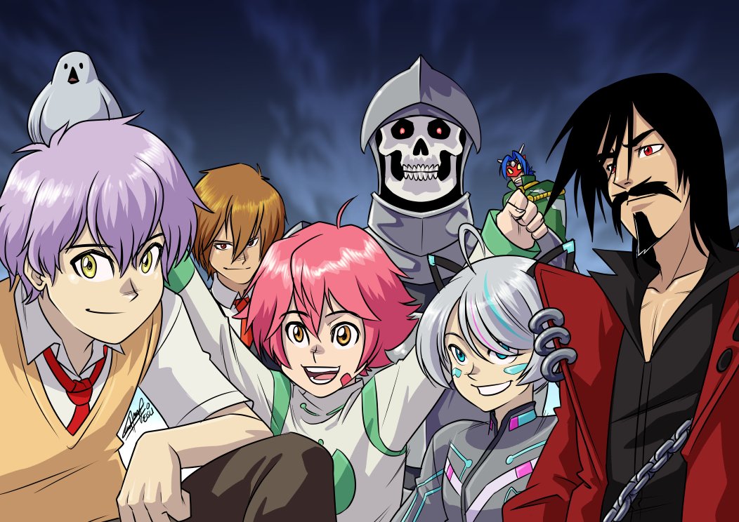 6+boys, ahoge, animal_ears, armor, arms_up, bird, black_hair, black_shirt