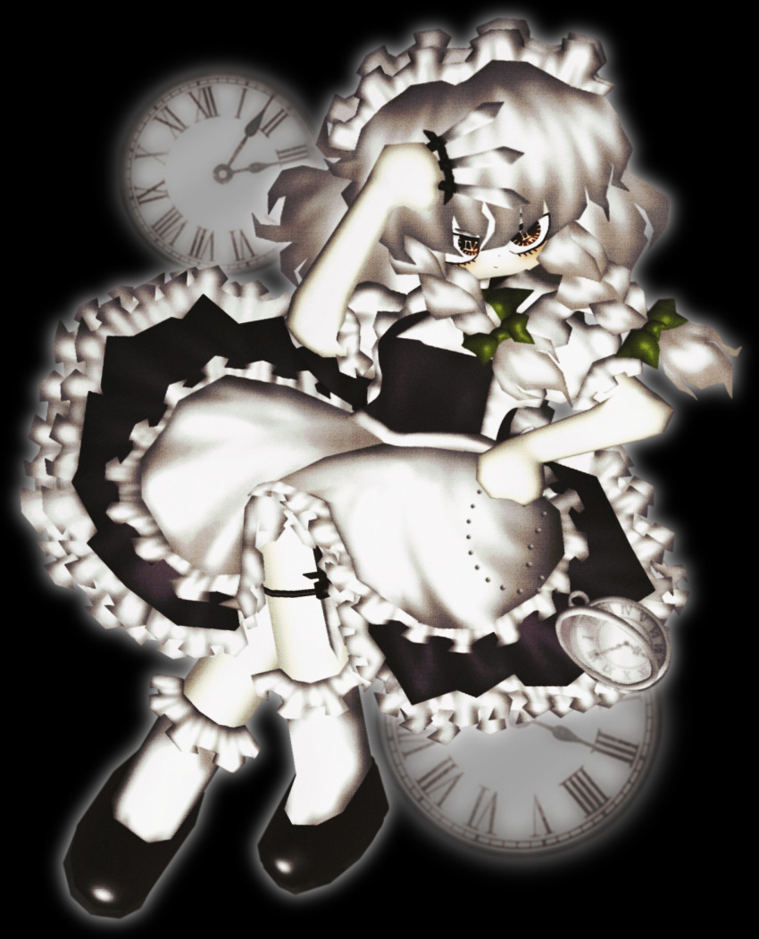 1girl, apron, arm_up, bad_id, bad_twitter_id, black_background, black_footwear, bow