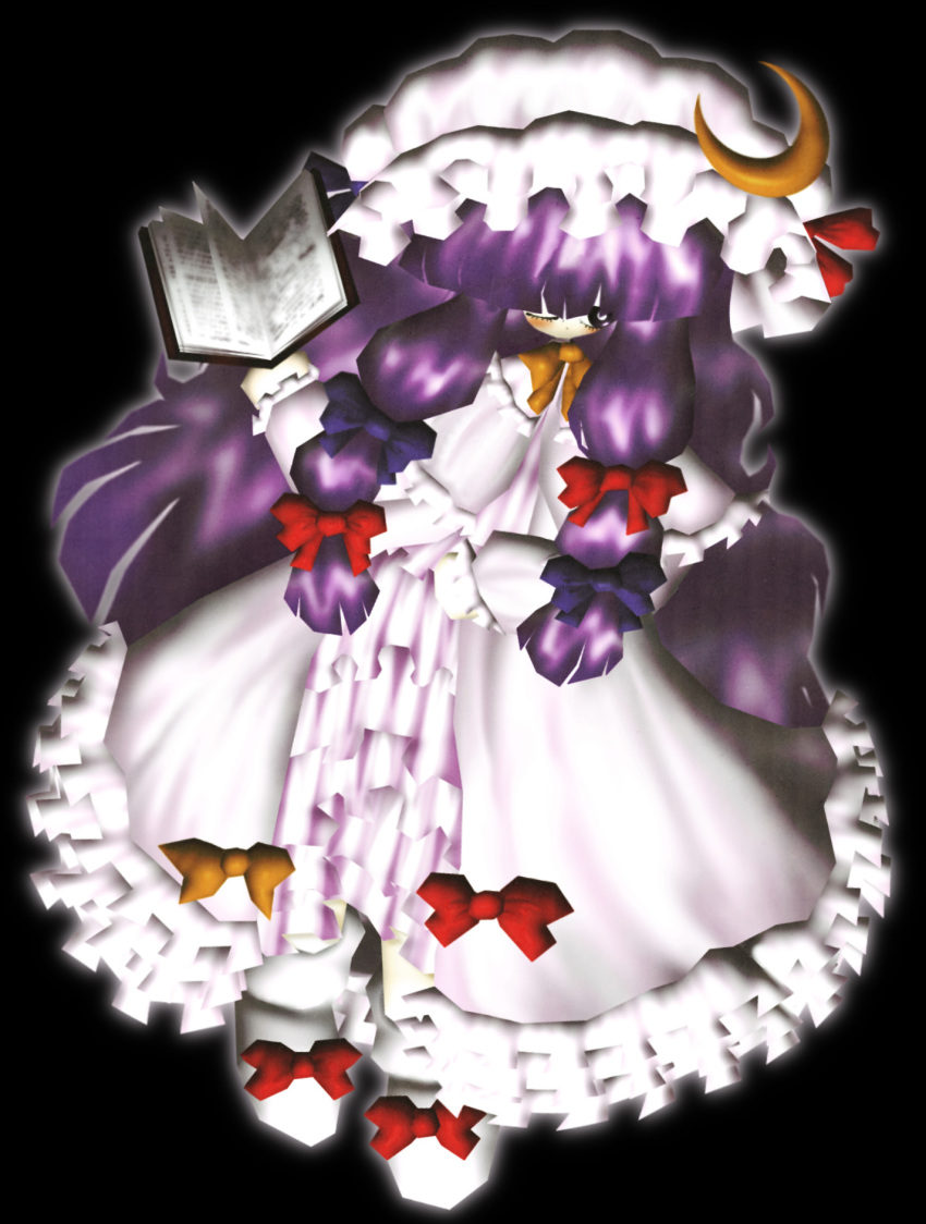 1girl, bad_id, bad_twitter_id, black_background, book, crescent, crescent_hat_ornament, dress