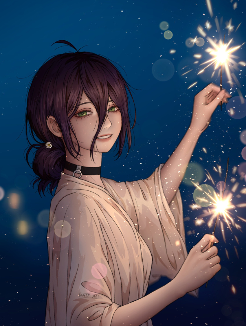 1girl, absurdres, artelsia, black_choker, black_hair, chainsaw_man, choker, fireworks