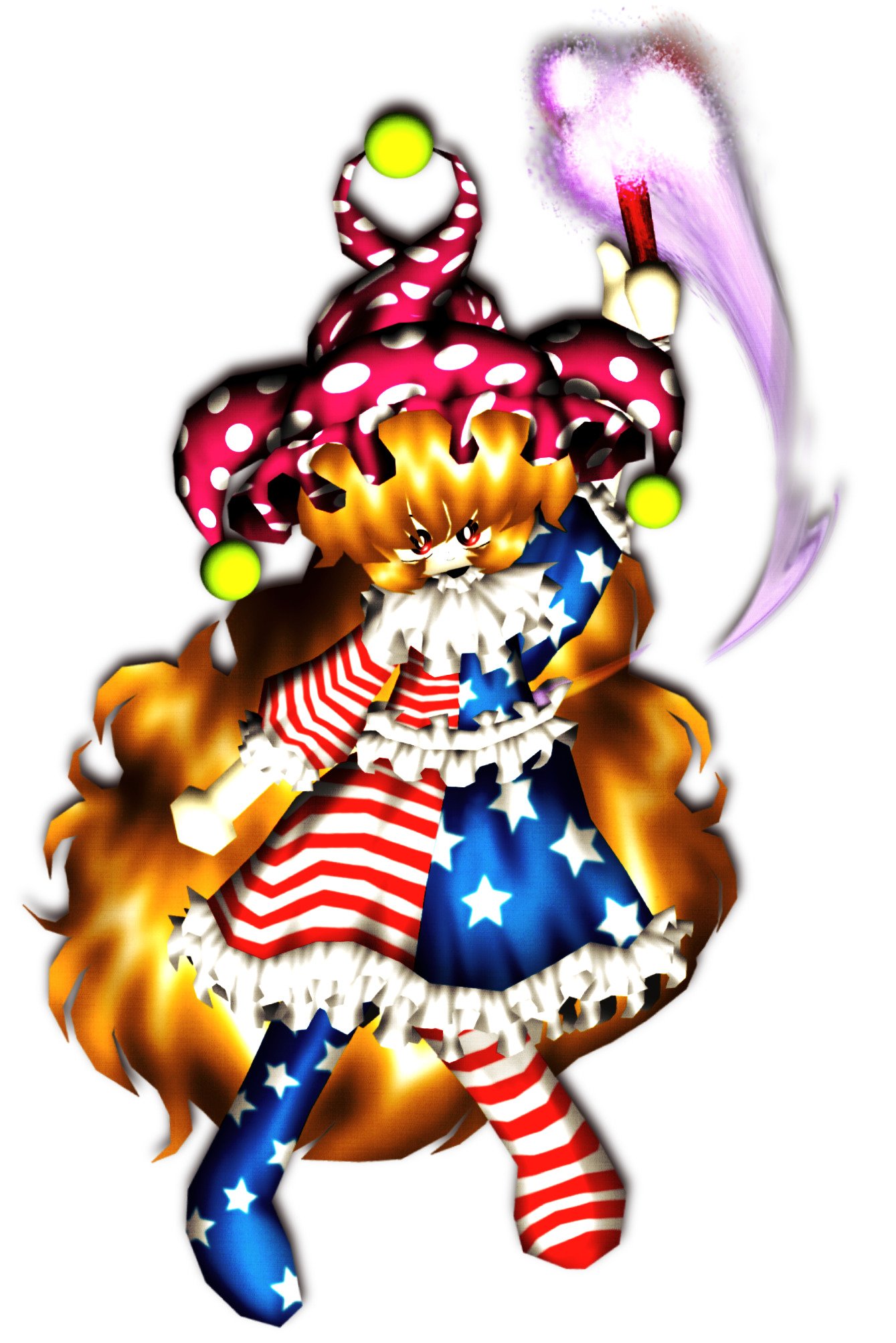 1girl, american_flag_dress, american_flag_legwear, arm_up, bad_id, bad_twitter_id, blonde_hair, closed_mouth, clownpiece, hat, highres, holding, lastworry111, long_hair, looking_at_viewer, pantyhose, polka_dot_headwear, red_eyes, simple_background, smile, solo, striped_clothes, striped_pantyhose, touhou, very_long_hair, white_background