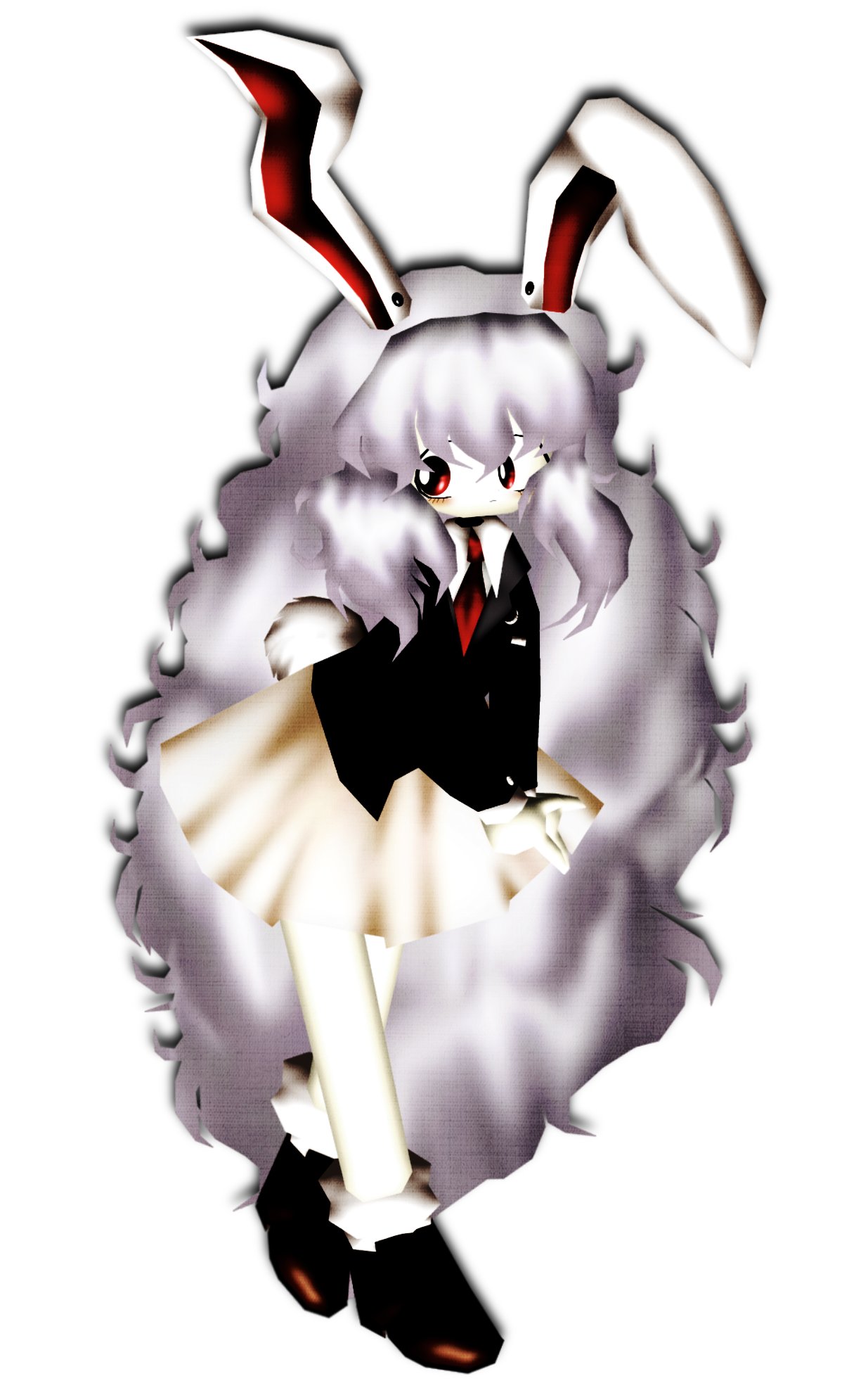 1girl, animal_ears, bad_id, bad_twitter_id, black_footwear, closed_mouth, collared_shirt, full_body, hair_between_eyes, highres, lastworry111, long_hair, long_sleeves, necktie, purple_hair, rabbit_ears, rabbit_tail, red_eyes, red_necktie, reisen_udongein_inaba, shirt, sideways_glance, simple_background, skirt, solo, tail, touhou, very_long_hair, white_background, white_shirt, white_skirt