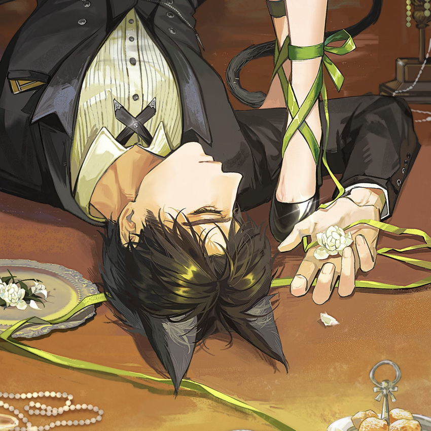 1boy, animal_ears, black_footwear, black_jacket, black_suit, cat_boy, cat_ears, cat_tail