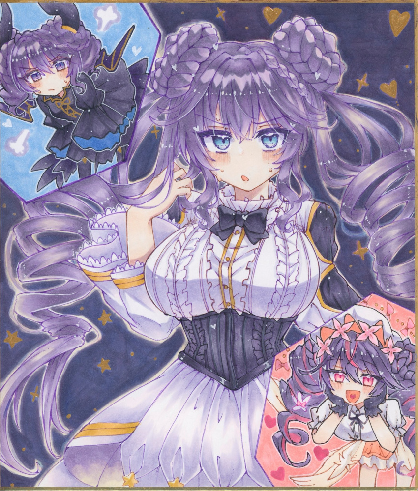 3girls, angello_vaalmonica, blue_eyes, braid, braided_bun, breasts, dimonno_vaalmonica, double_bun