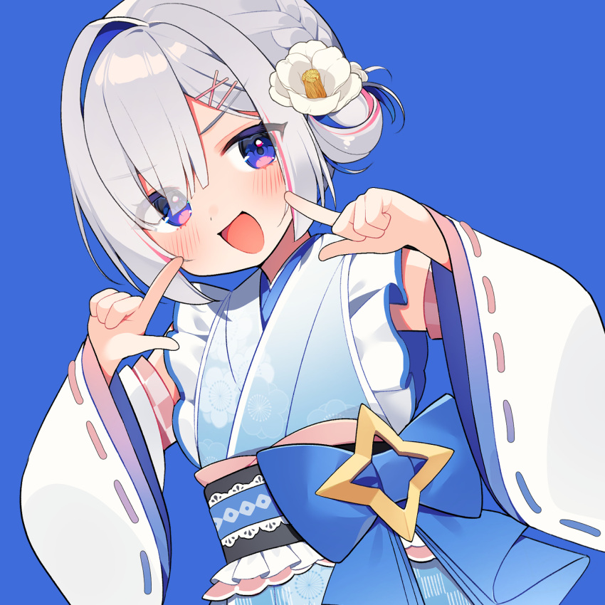 1girl, amane_kanata, amane_kanata_(new_year), blue_background, blue_bow, blue_hair, blue_kimono, blush
