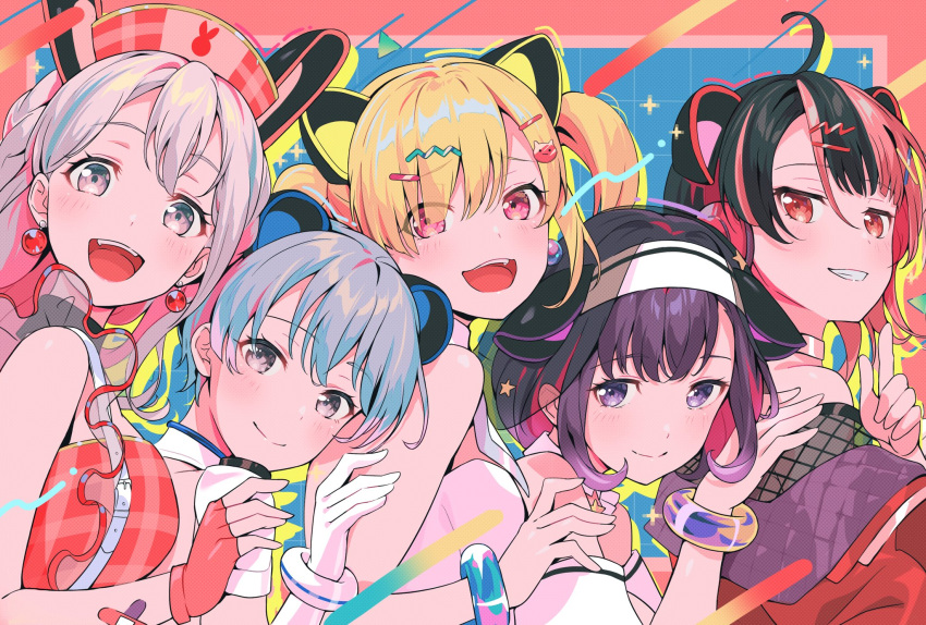 5girls, animal_ears, bang_dream!, bang_dream!_mugendai_mewtype, black_hair, blonde_hair, blue_hair, blush