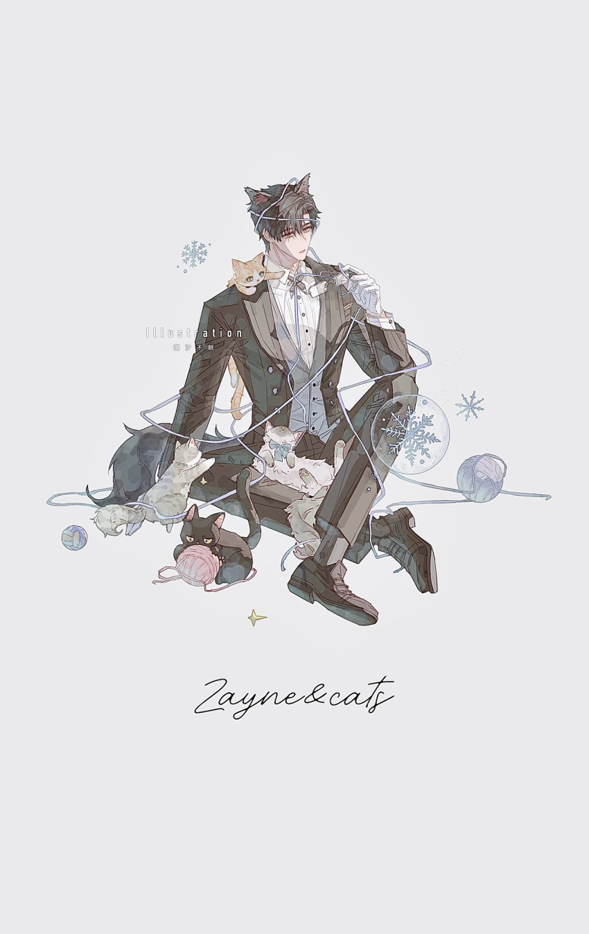 1boy, animal_ears, animal_on_lap, animal_on_shoulder, black_cat, black_hair, black_pants, black_suit