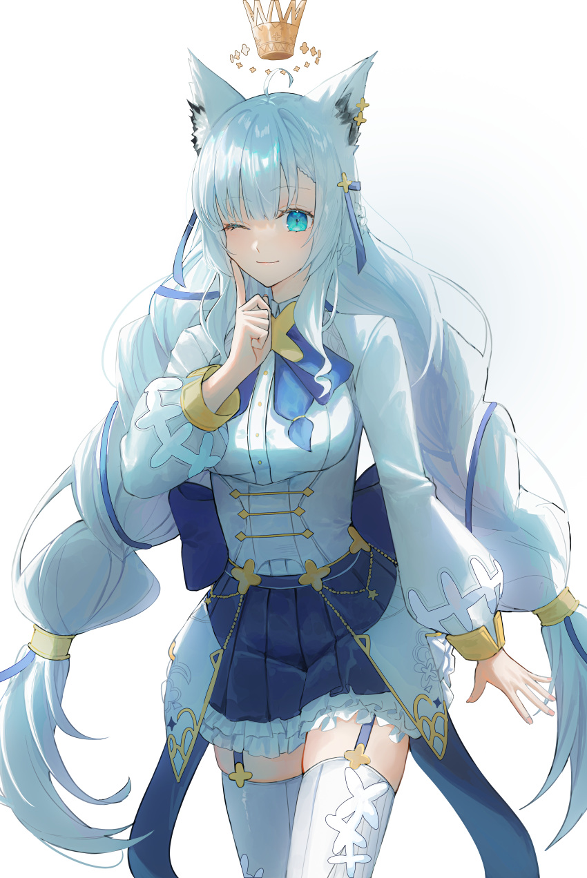 1girl, ;), absurdres, ahoge, animal_ear_fluff, animal_ear_piercing, animal_ears, aqua_eyes