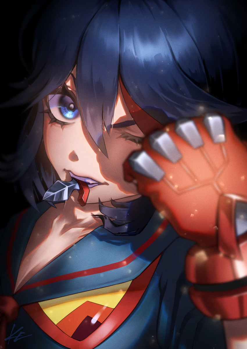 1girl, absurdres, black_hair, blue_eyes, english_commentary, gloves, highres, kenosousaku