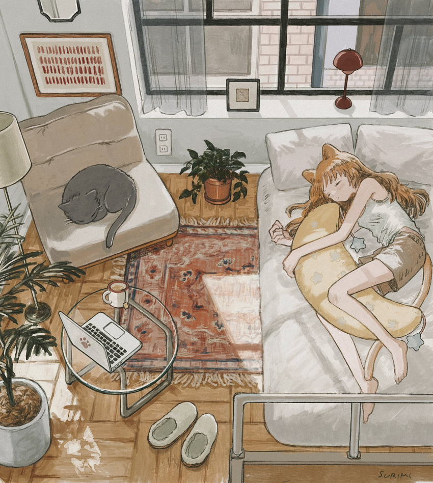 1girl, animal, animal_ears, bed, black_cat, brown_hair, camisole, cat