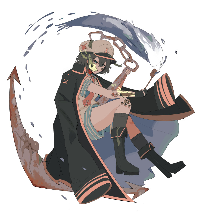 1girl, absurdres, anchor, anchor_symbol, barnacle, black_coat, black_footwear, boots, chain, coat, coat_on_shoulders, exposed_bone, grimlisp, hat, highres, holding, holding_ladle, ladle, murasa_minamitsu, neckerchief, red_neckerchief, rust, sailor_hat, shirt, short_sleeves, shorts, solo, touhou, water, white_background, white_shirt, white_shorts
