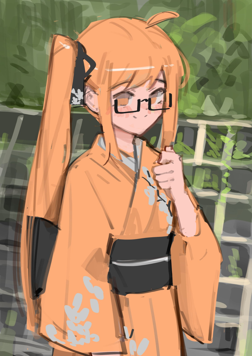 1girl, ahoge, breasts, closed_mouth, commentary, english_commentary, glasses, hair_ribbon, highres, japanese_clothes, kimono, long_hair, looking_at_viewer, nana_(xerbatt), orange_eyes, orange_hair, outdoors, ribbon, semi-rimless_eyewear, side_ponytail, small_breasts, smile, solo, under-rim_eyewear, xerbatt