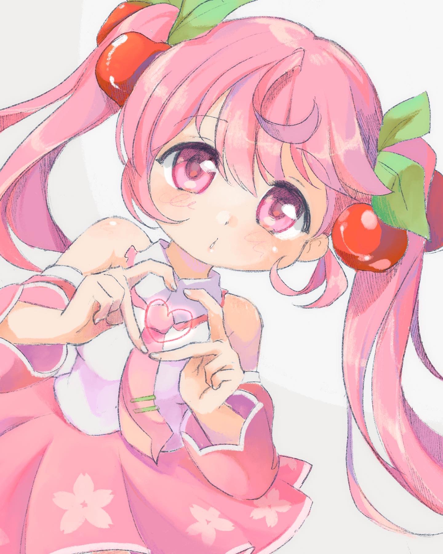1girl, bare_shoulders, cherry, cherry_blossoms, cherry_hair_ornament, cherry_hat_ornament, detached_sleeves, flower