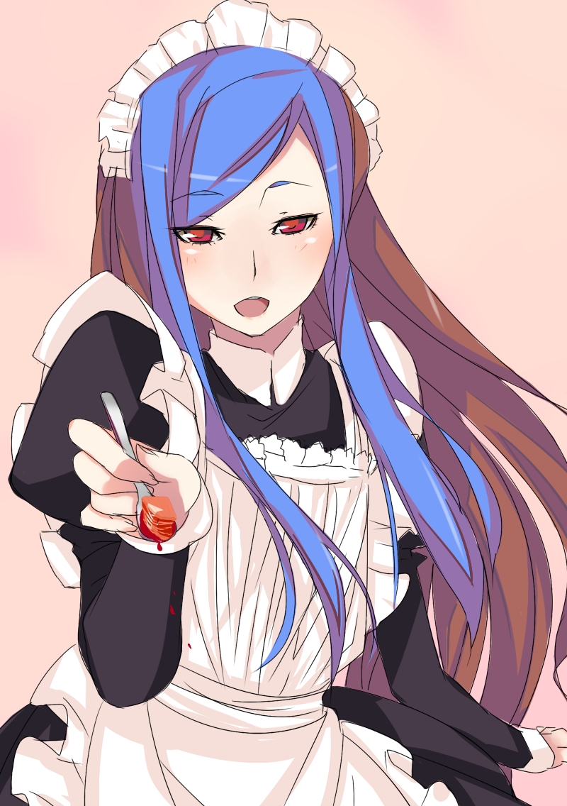 crossdressing, dek, feeding, king_of_fighters, long_hair, maid, maid_headdress, multicolored_hair, open_mouth, purple_hair, red_eyes, shion_(kof), snk, trap, two-tone_hair