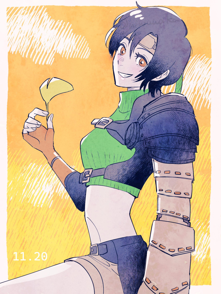 1girl, armor, black_hair, border, breasts, brown_headband, brown_shorts, chest_strap, crop_top, cropped_shirt, dated, final_fantasy, final_fantasy_vii, fingerless_gloves, gloves, green_shirt, grin, hair_between_eyes, headband, highres, holding, holding_leaf, leaf, medium_breasts, midriff, niwawaka, orange_background, orange_gloves, shirt, short_hair, shorts, shoulder_armor, single_shoulder_pad, smile, solo, teeth, upper_body, white_border, yuffie_kisaragi
