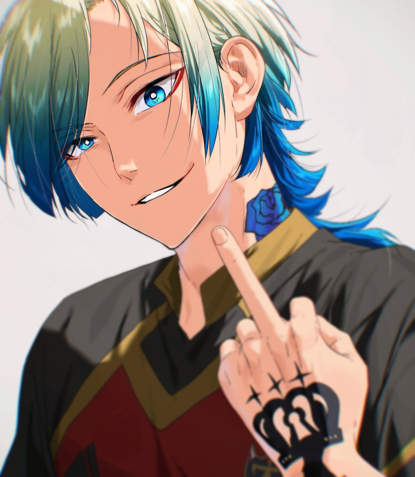 1boy, bishounen, bl_111252, blonde_hair, blue_eyes, blue_flower, blue_hair, blue_lock