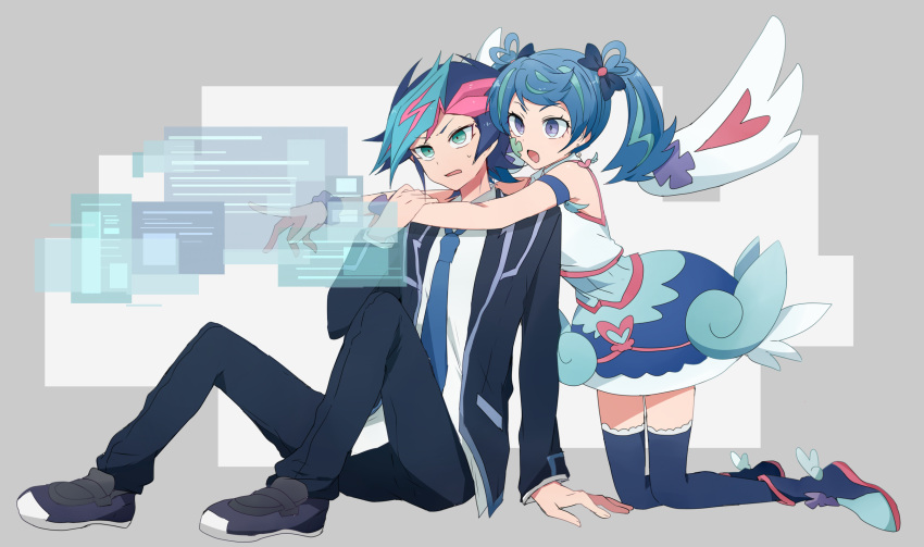 1boy, 1girl, alternate_form, angel_wings, armband, arms_around_neck, black_footwear, black_jacket
