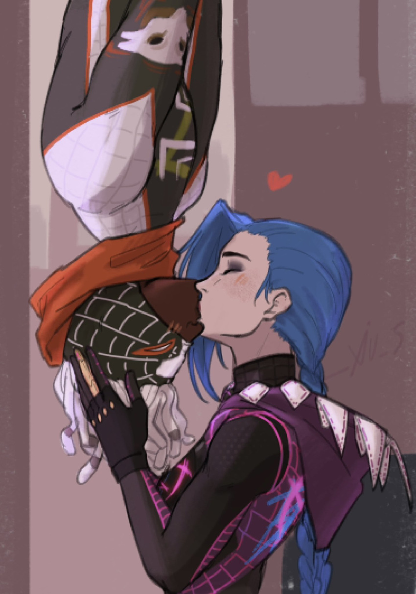 1boy, 1girl, arcane:_league_of_legends, blue_hair, blush, braid, closed_eyes, dark-skinned_male, dark_skin, dreadlocks, ekko_(league_of_legends), heart, highres, holding, holding_another's_hair, hood, jinx_(league_of_legends), kiss, league_of_legends, long_hair, marvel, prosthetic_fingers, spider-man_(series), spider_web_pattern, superhero_costume, upside-down_kiss, white_hair, xiu_5