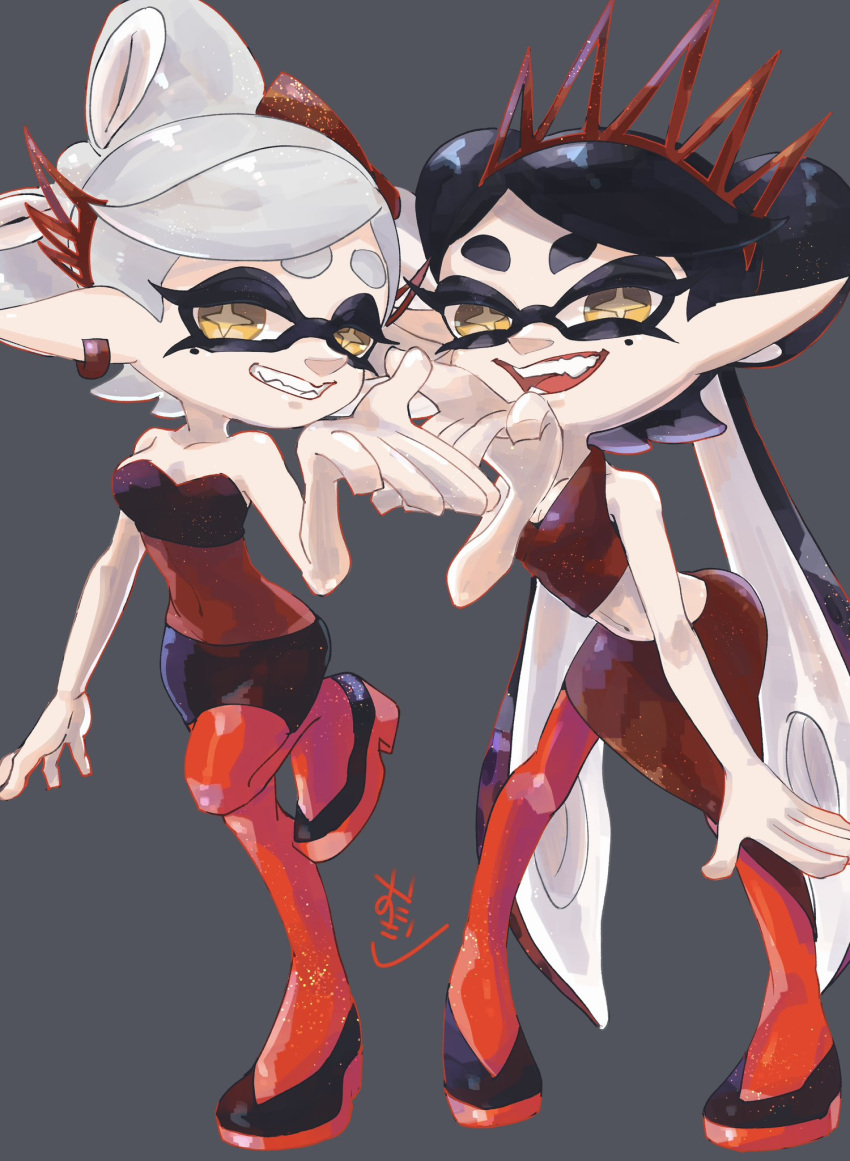 2girls, bare_shoulders, black_hair, blowing_kiss, bow-shaped_hair, callie_(splatoon), crop_top, ear_piercing, fang, full_body, glitter, glitter_legwear, grey_hair, highres, inkling, leaning_forward, leg_lift, leg_up, leggings, light_smile, long_hair, looking_at_viewer, marie_(splatoon), matching_outfits, mole, mole_under_eye, multicolored_hair, multiple_girls, navel, nintendo, okome_2g2g, open_mouth, piercing, pointy_ears, red_footwear, red_leggings, shirt, short_hair, simple_background, skirt, sleeveless, sleeveless_shirt, smile, splatoon_(series), splatoon_3, star-shaped_pupils, star_(symbol), suction_cups, swept_bangs, symbol-shaped_pupils, tentacle_hair, thick_eyebrows, tiara, twintails, two-tone_hair, very_long_hair, yellow_eyes