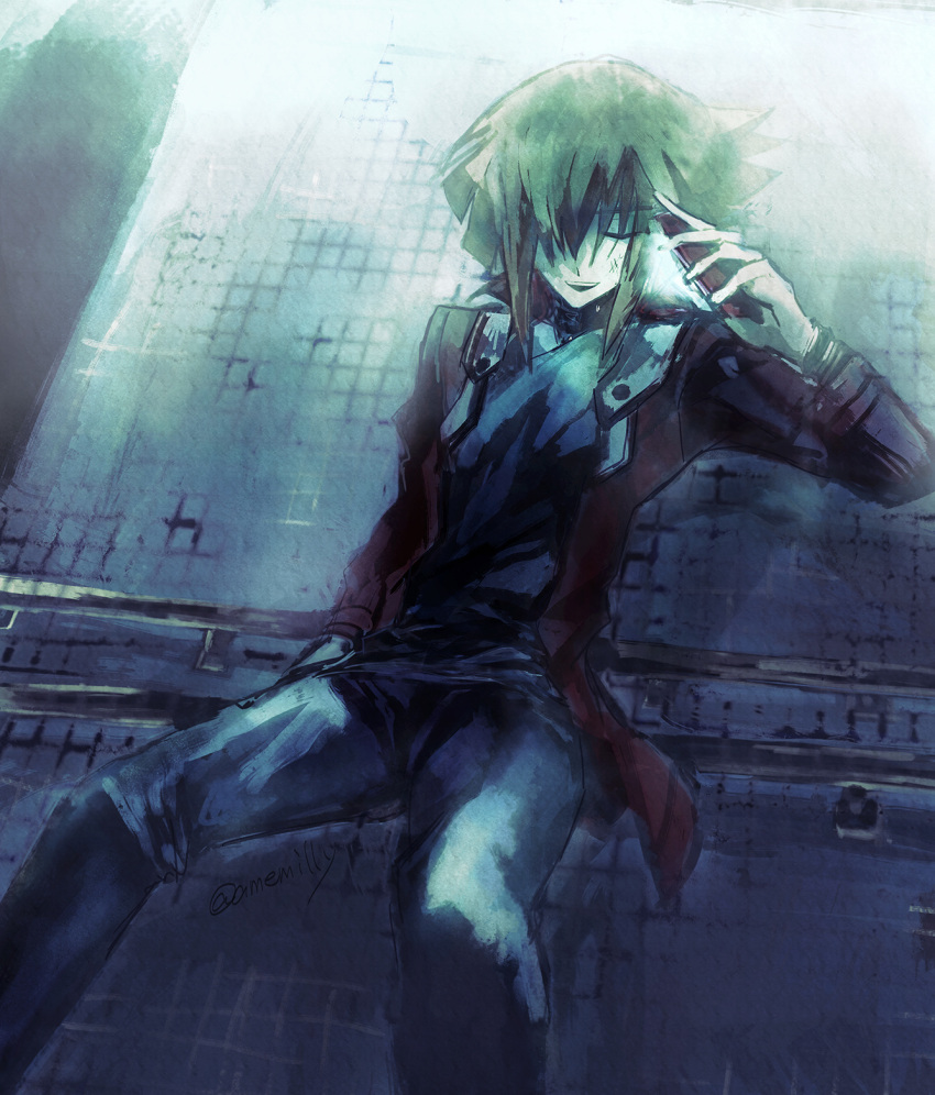 against_railing, against_wall, arm_up, bathroom, bent_knees, black_shirt, brown_hair, cellphone, closed_eyes, dappled_sunlight, denim, dirty, dirty_face, duel_academy_uniform_(yu-gi-oh!_gx), facing_viewer, hand_on_own_face, hand_on_own_hip, hand_up, highres, holding, holding_phone, indoors, jacket, jeans, leaning_back, locker, locker_room, looking_down, misato_(machamiri), on_railing, open_clothes, open_jacket, pants, phone, popped_collar, railing, red_jacket, shirt, shower_(place), smartphone, smile, sunlight, tile_wall, tiles, yu-gi-oh!, yu-gi-oh!_gx, yuki_judai