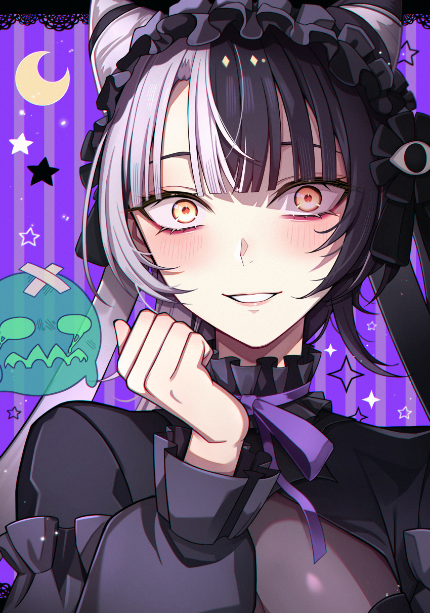 1girl, absurdres, black_dress, black_hair, black_headdress, close-up, cone_hair_bun, crescent