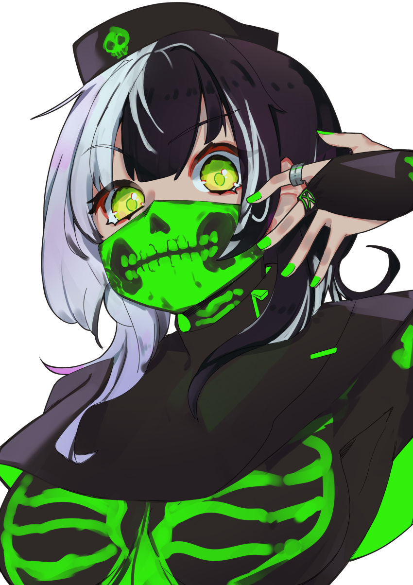 1girl, absurdres, black_capelet, black_hair, black_hat, capelet, green_eyes, grey_hair