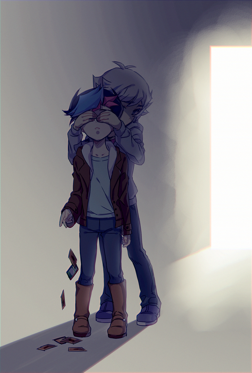 aged_down, antenna_hair, arms_at_sides, blue_eyes, blue_footwear, blue_hair, brown_footwear, brown_jacket