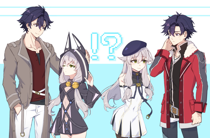 !?, 1boy, 1girl, altina_orion, animal_ear_hood, arm_behind_back, breasts, coat